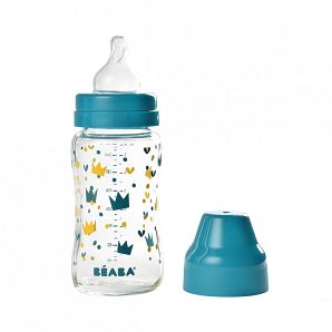 Γυάλινο μπιμπερό με φαρδύ λαιμό 240 ml Yellow / Blue Crown
