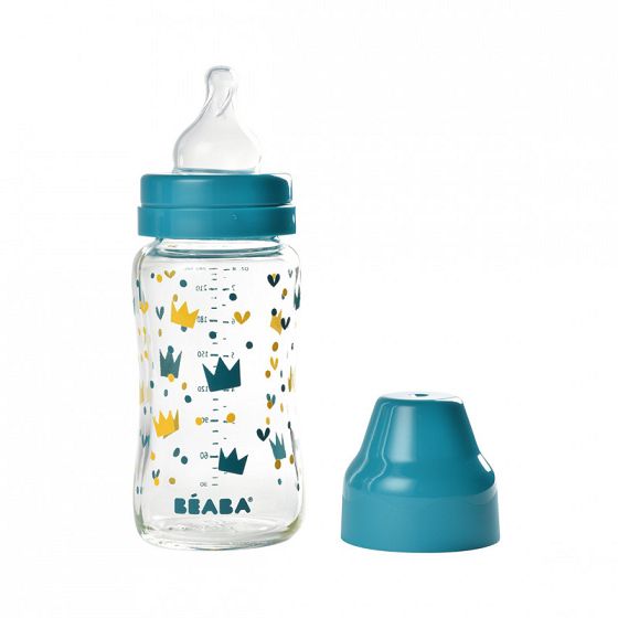 Γυάλινο μπιμπερό με φαρδύ λαιμό 240 ml Yellow / Blue Crown